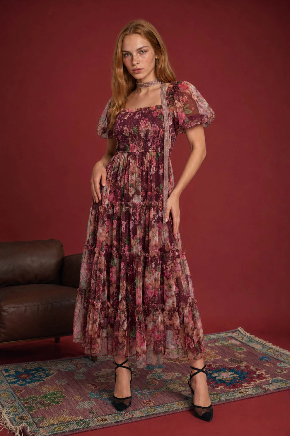The Autumn Enchanted Orchard Tiered Tulle Midi Dress on a model featuring a floral print, puff sleeves, square neckline, and flowing tiered skirt