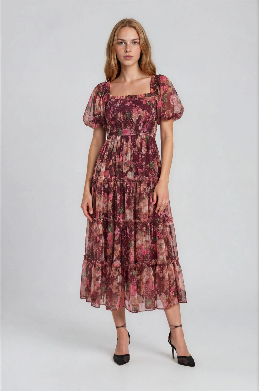 The Autumn Enchanted Orchard Tiered Tulle Midi Dress features a stretchable floral print, puff sleeves, square neckline, gathered waist, and flowing midi skirt.