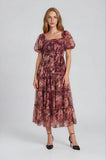 The Autumn Enchanted Orchard Tiered Tulle Midi Dress features a stretchable floral print, puff sleeves, square neckline, gathered waist, and flowing midi skirt.