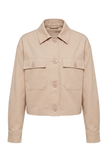 Sahara beige linen utility jacket with pointed collar and flap pockets on a white background