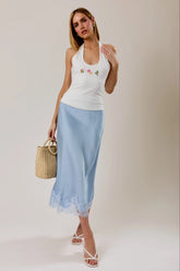 The Juliette Satin Appliqué Midi Skirt