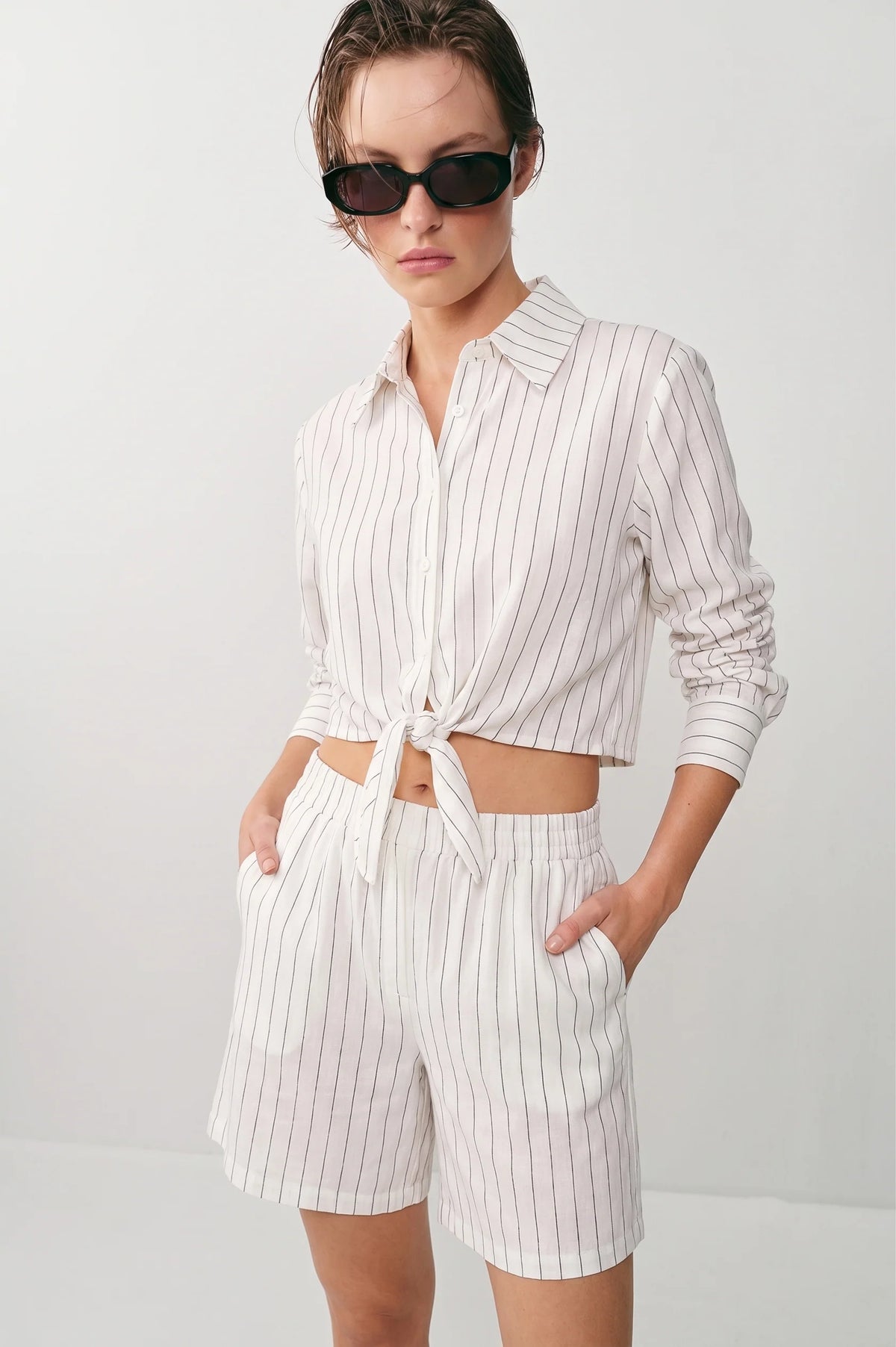 Hampton Pinstripe Tie-Front Blouse