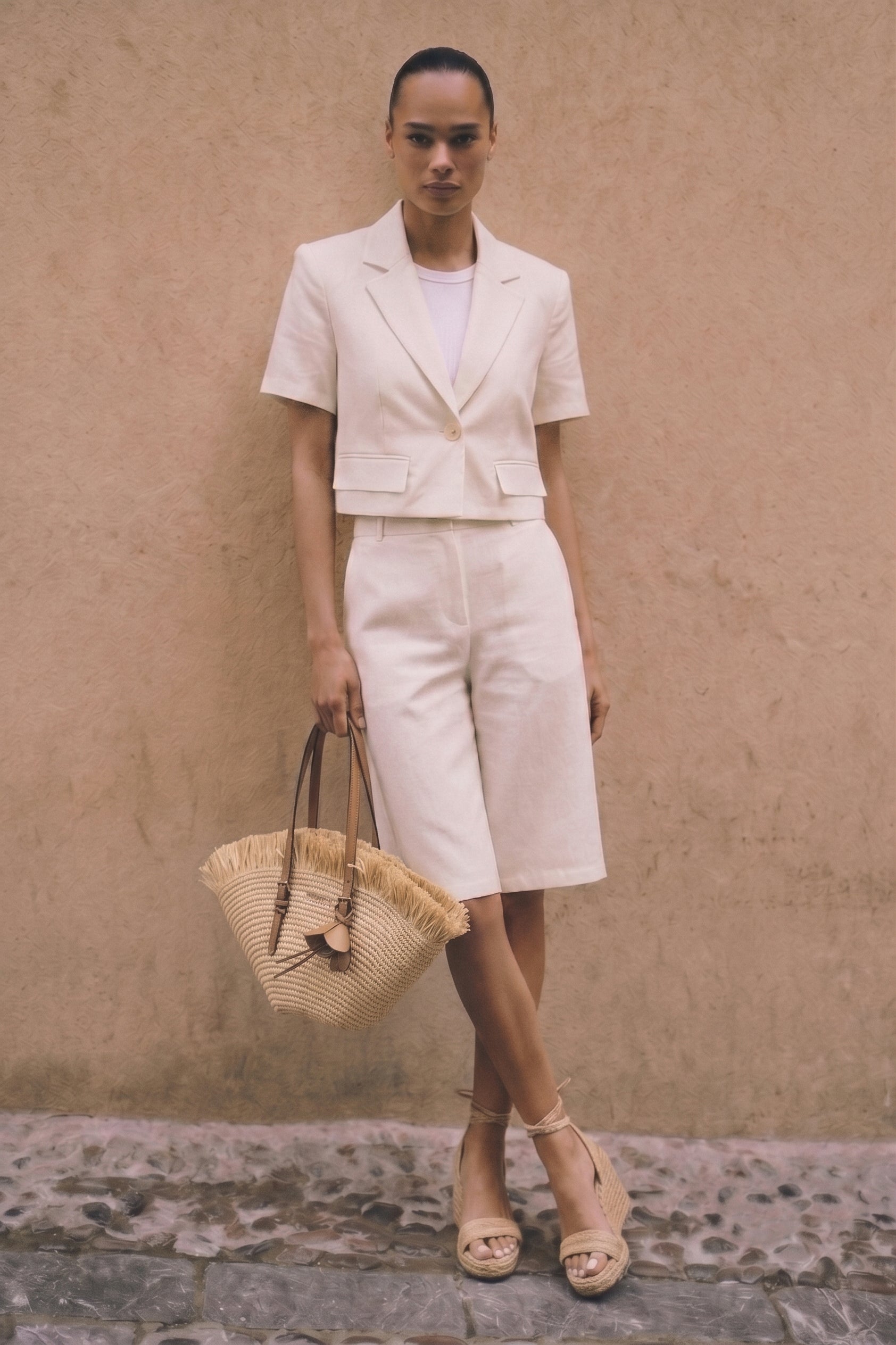 Model wearing Riviera Linen Bermuda Set featuring a cropped blazer with short sleeves and tailored Bermuda shorts, styled with neutral-toned espadrille wedges and a woven straw handbag, against a textured beige wall.