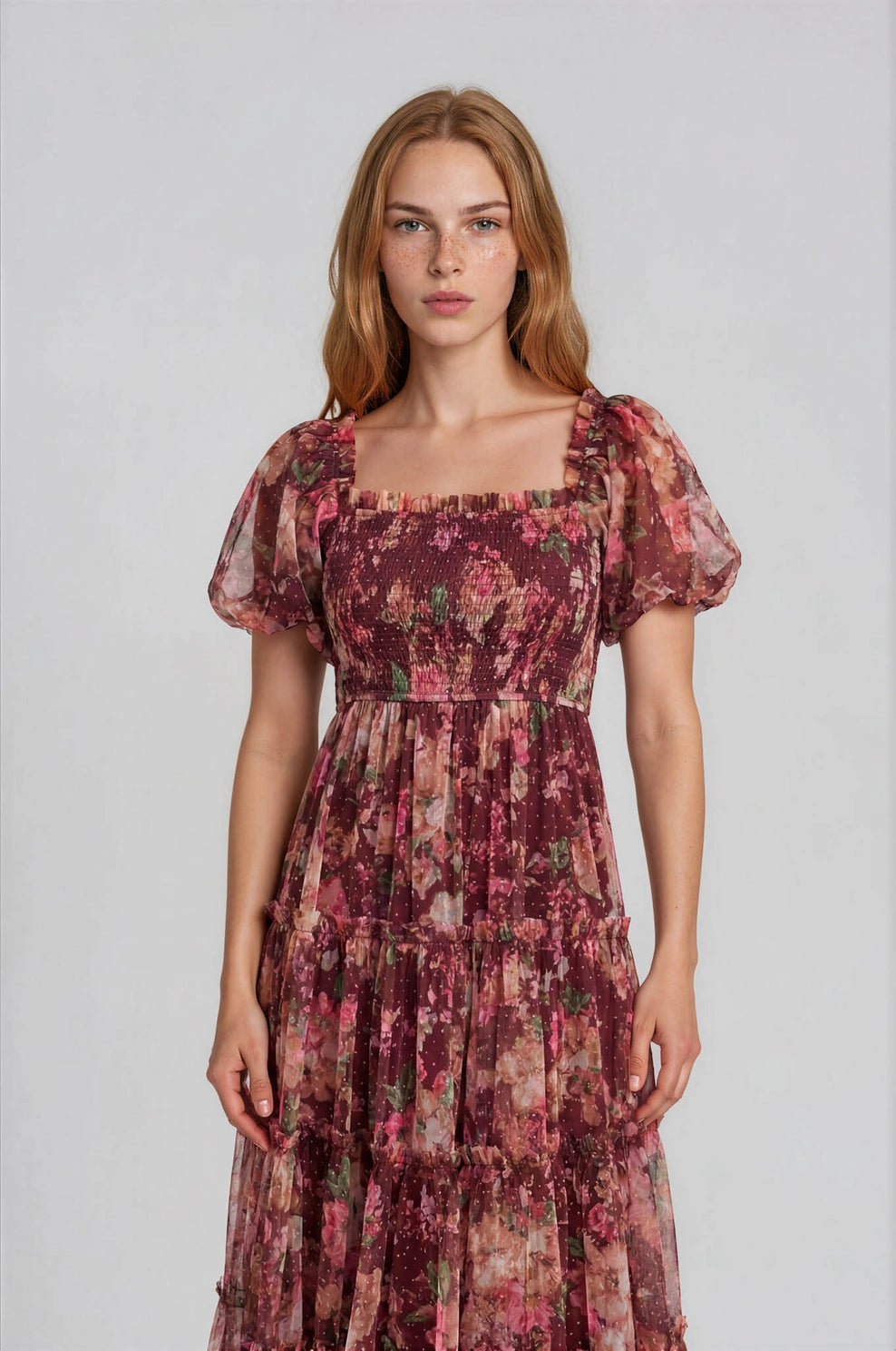 The Autumn Enchanted Orchard Tiered Tulle Midi Dress with floral print, square neckline, puff sleeves, and a stretchable tiered skirt for refined capsule wardrobe style