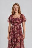 The Autumn Enchanted Orchard Tiered Tulle Midi Dress with floral print, square neckline, puff sleeves, and a stretchable tiered skirt for refined capsule wardrobe style