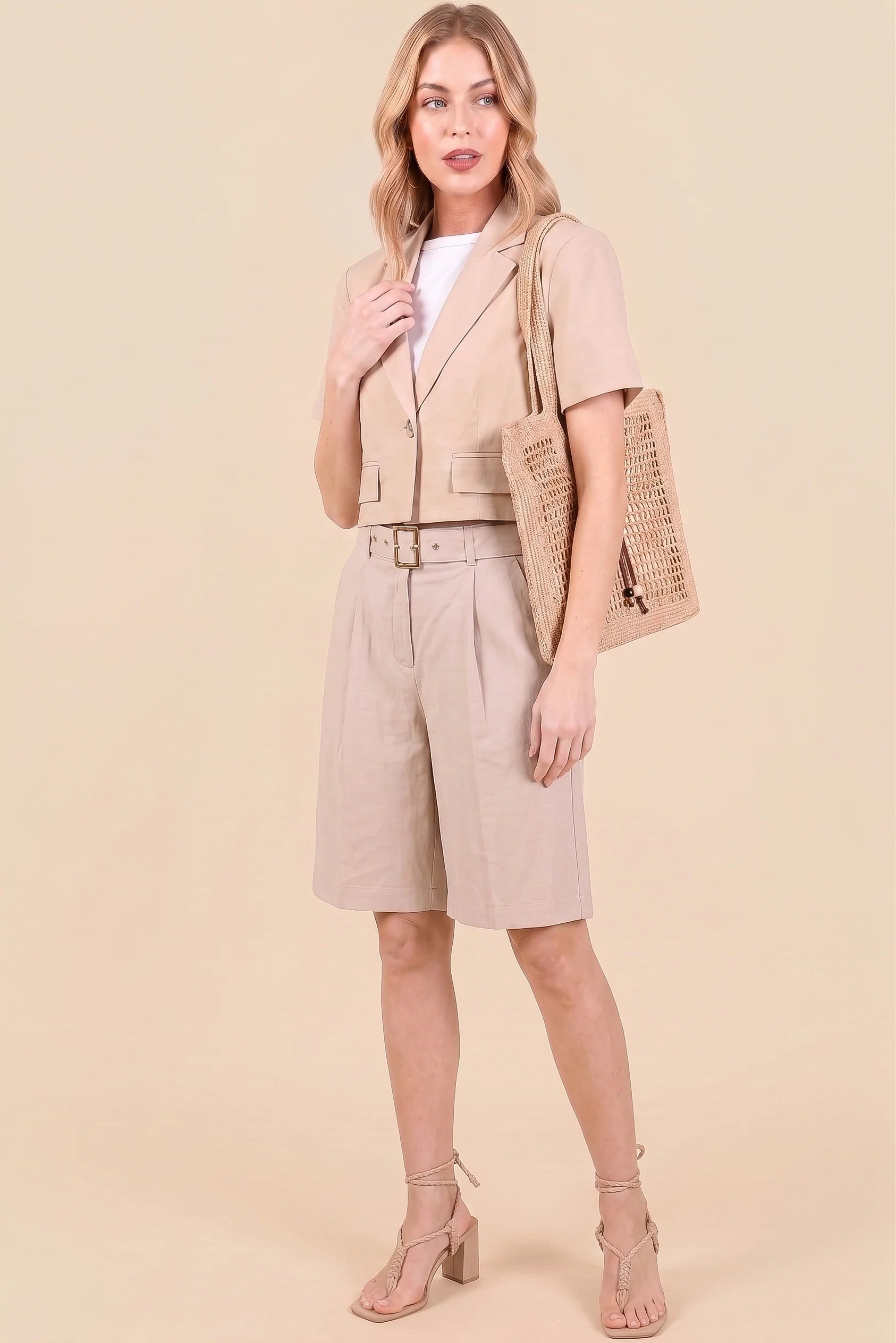 Riviera Linen Tailored Shorts-Khaki