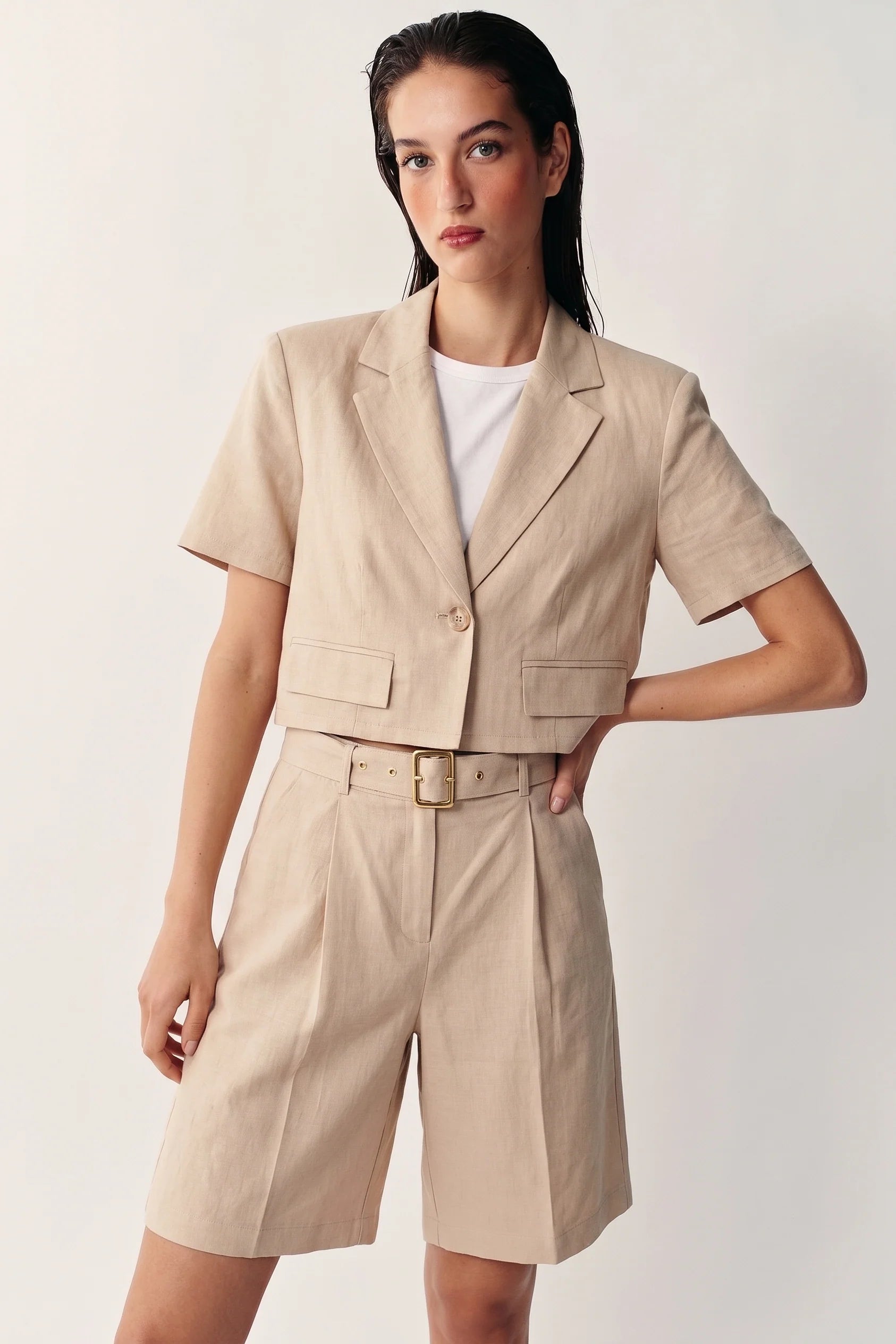 Riviera Linen Tailored Blazer-Khaki