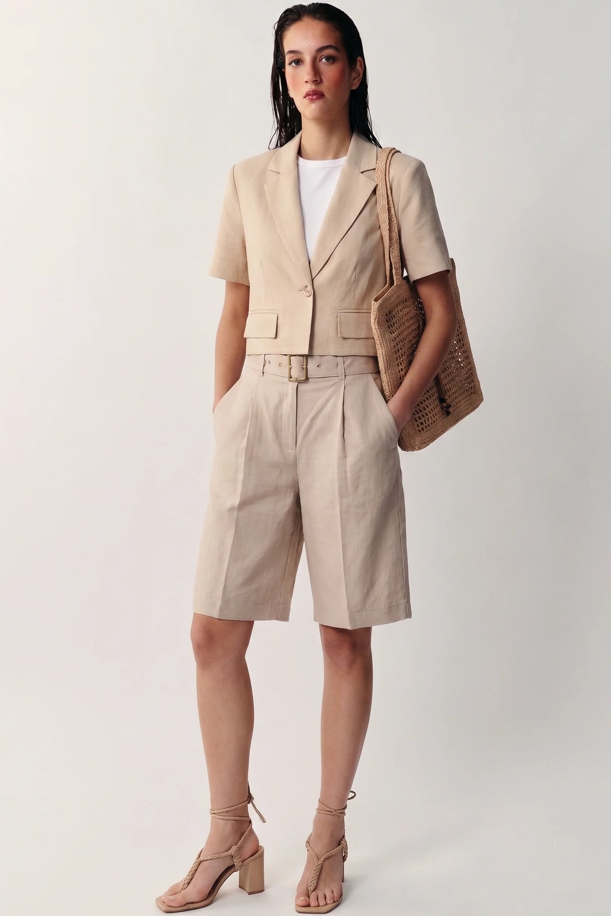 Riviera Linen Tailored Shorts-Khaki