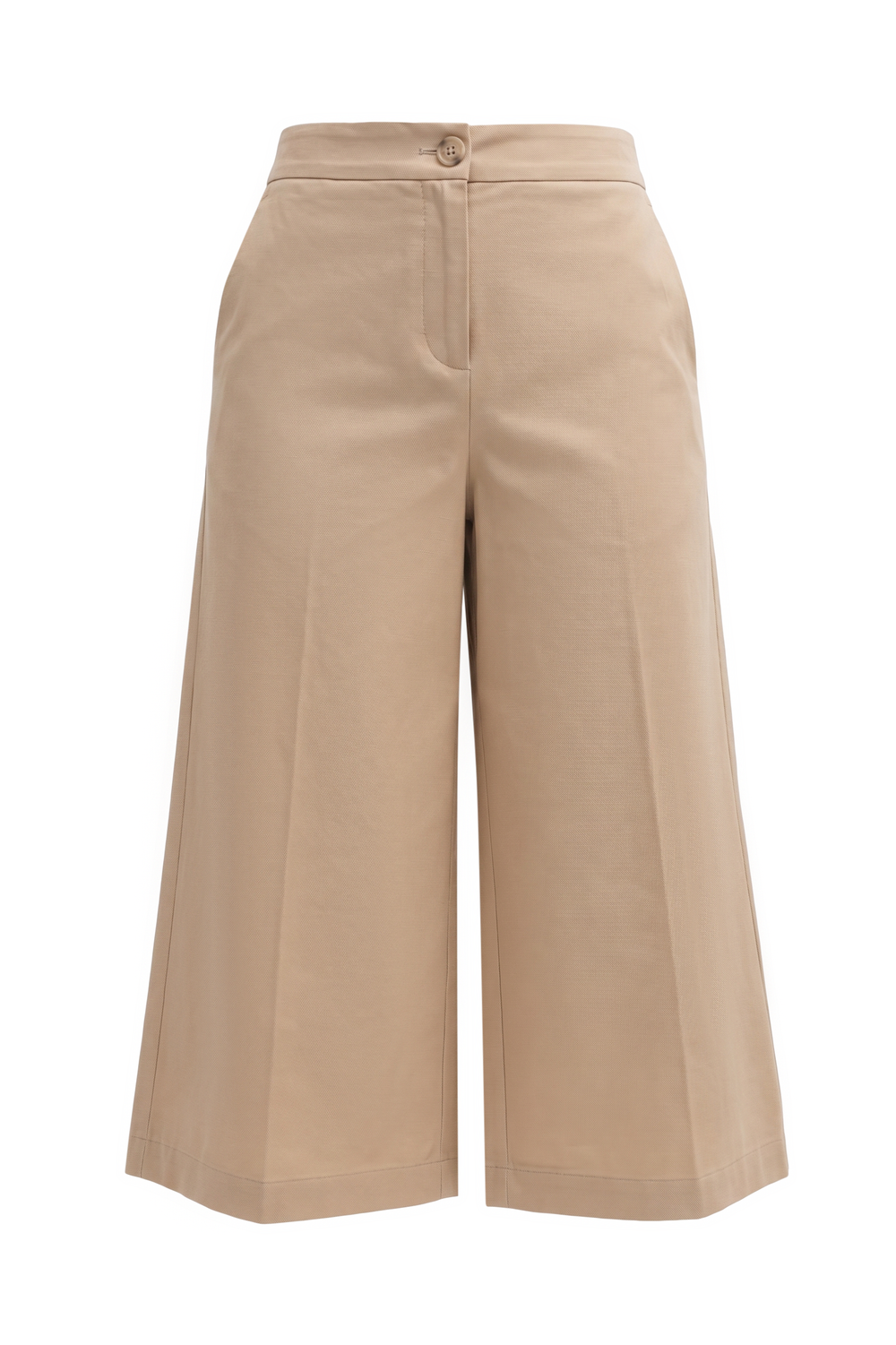 Sahara beige high-waisted Bermuda shorts with a wide-leg fit on a white background