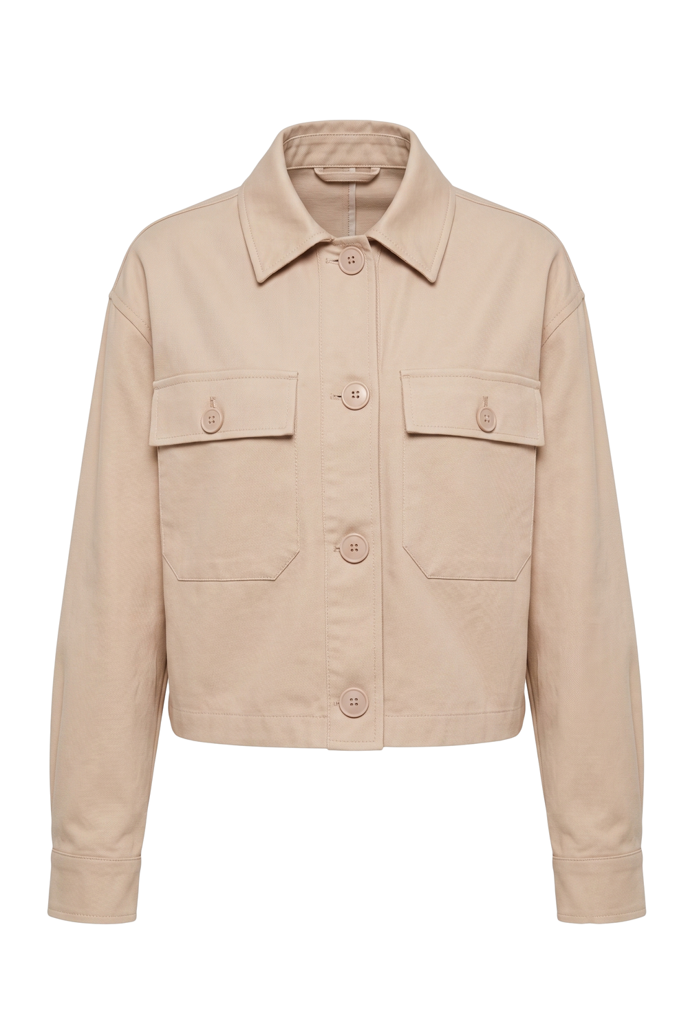 Sahara beige linen utility jacket with pointed collar and flap pockets on a white background