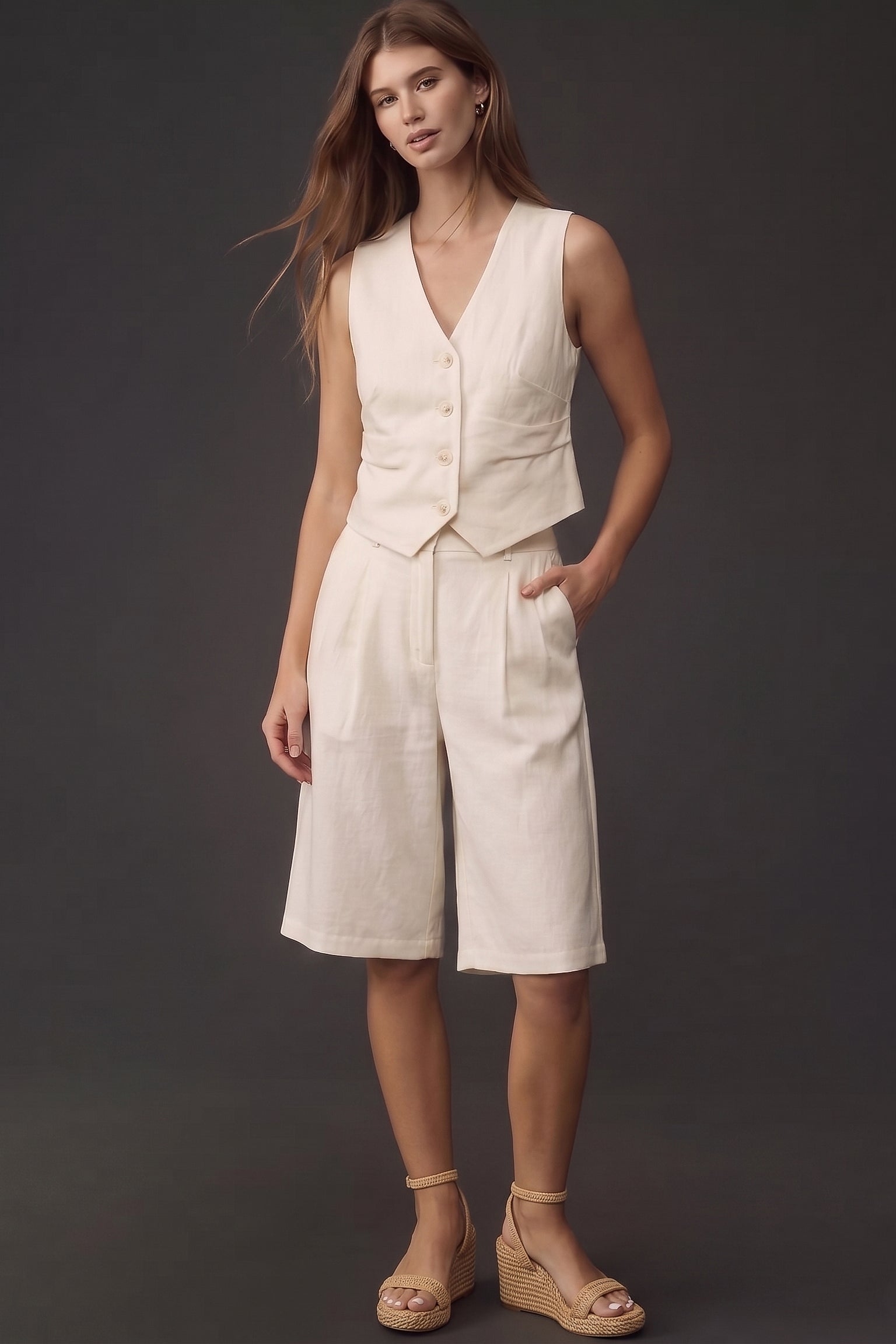 Woman wearing The Palma Linen Set, a sleeveless, button-front vest paired with matching high-waisted, knee-length shorts in a neutral linen fabric, styled with espadrille wedge sandals.