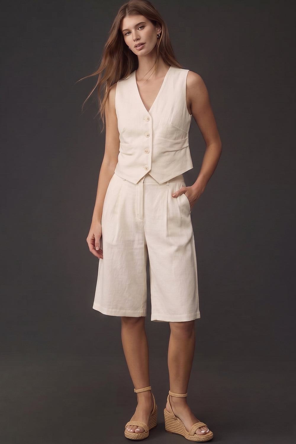 Woman wearing The Palma Linen Set, a sleeveless, button-front vest paired with matching high-waisted, knee-length shorts in a neutral linen fabric, styled with espadrille wedge sandals.